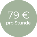 Kreis mit schräg geschriebenem Text „79 € pro Stunde“ auf grünlichem Hintergrund.