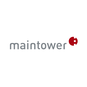 Logo des TV-Magazins maintower vom Hessischen Rundfunk mit grauer Schrift und rotem Symbol