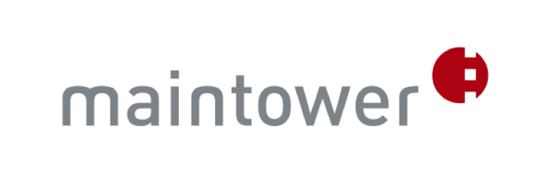 Logo des TV-Magazins maintower vom Hessischen Rundfunk mit grauer Schrift und rotem Symbol